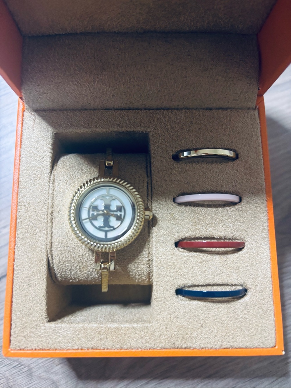 Tory Burch Gold Interchangeable Bangle Watch with Mother of Pearl Watch Face